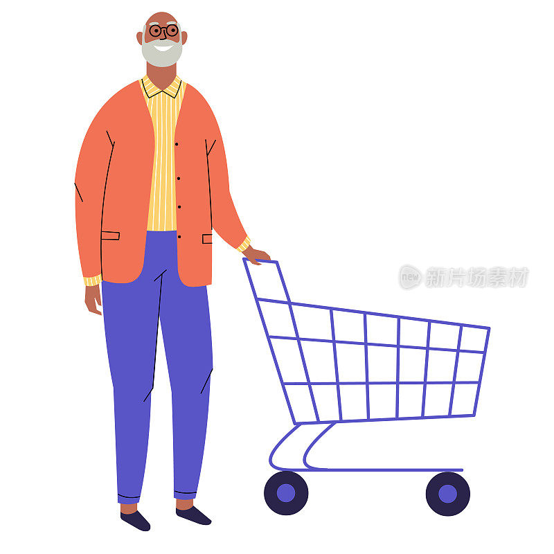 老男人推着一辆空购物车。深肤色的爷爷在超级市场或杂货店购物。