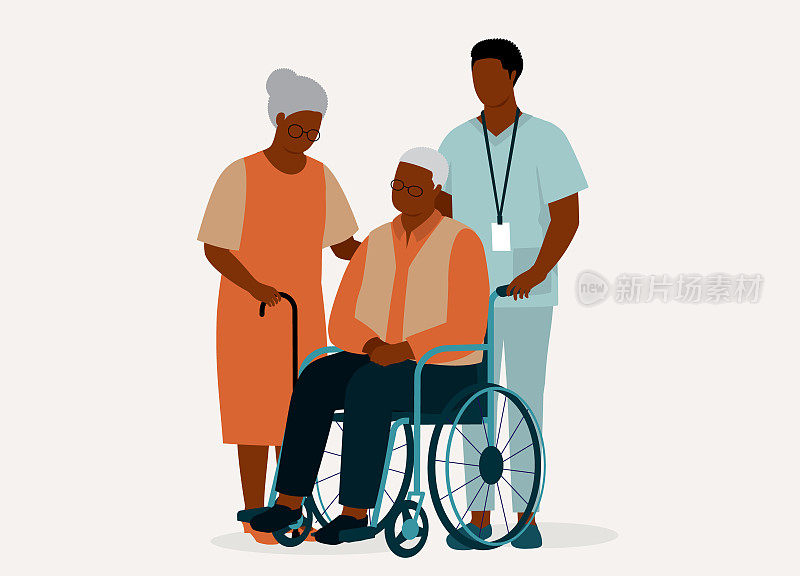 黑人老年妻子和坐在轮椅上的老年丈夫正在由一名男护士照顾。