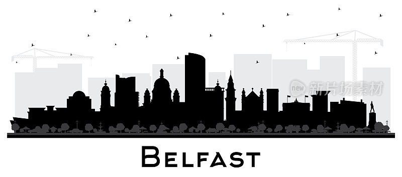 贝尔法斯特北爱尔兰城市天际线剪影与黑色建筑隔离在白色。矢量插图。贝尔法斯特城市景观与地标。