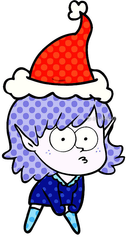 手绘漫画风格的插图，一个小精灵女孩凝视和蹲戴着圣诞老人的帽子