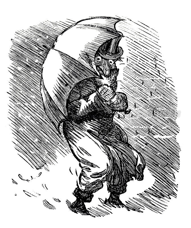 一男子在暴雨中撑伞奔跑，被人推着跑