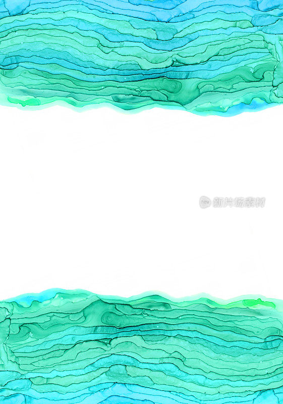 水彩透明的海浪抽象框架背景。线条的油漆，飞溅抽象的白色。手绘插图与复制空间。彩色酒精油墨质地
