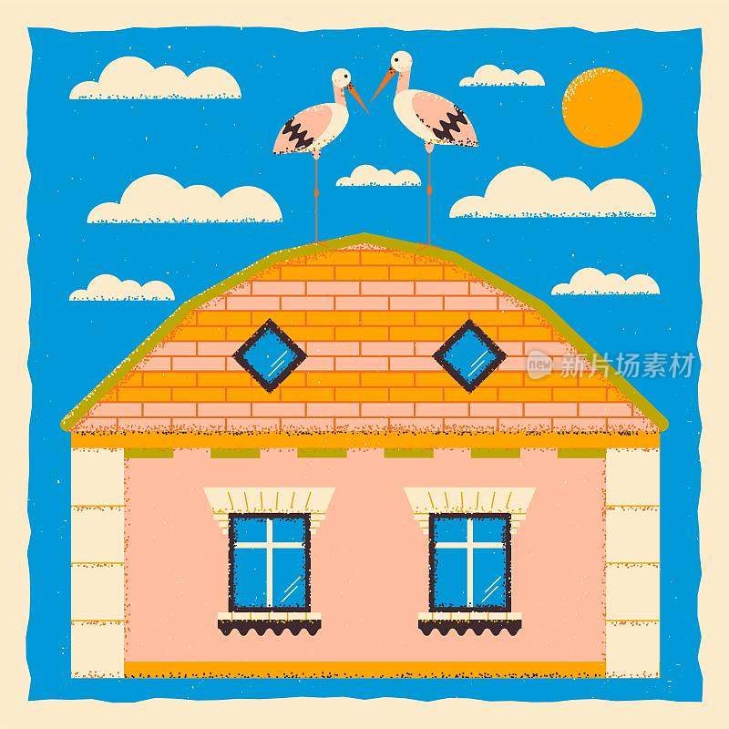 农村的房子。方形模板，房子上有鹳鸟。方形模板在垃圾风格。
