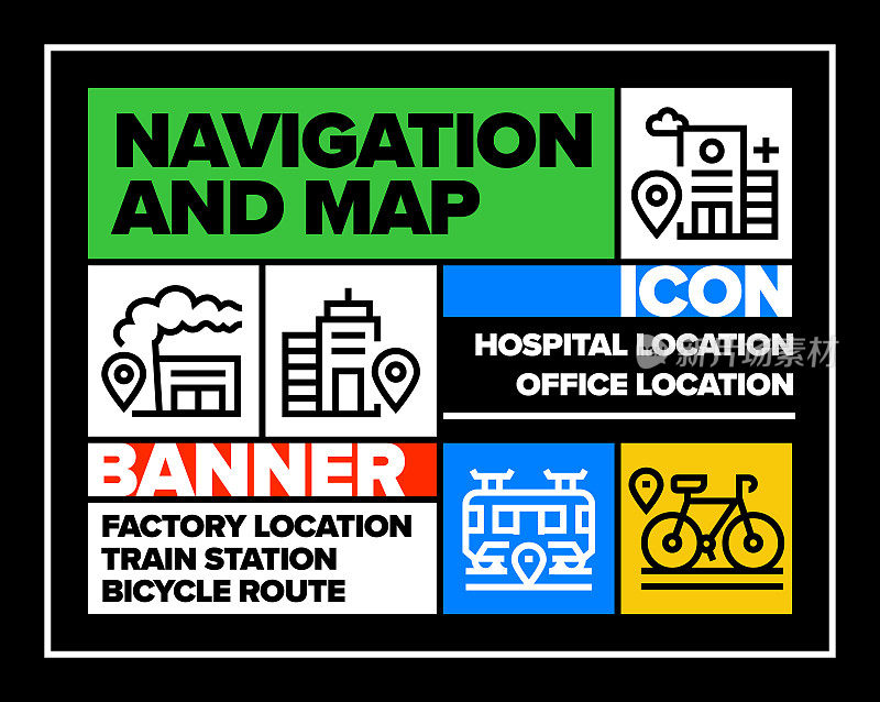 导航和地图线图标集和横幅设计