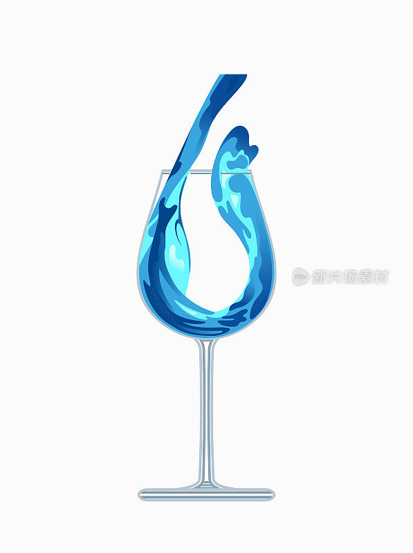 一种不寻常的蓝色气泡酒。普罗赛克加库拉索酒。矢量食物插图在现实主义的风格。国际葡萄酒日。为菜单，酒单，咖啡馆，餐厅，传单