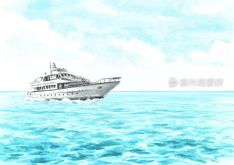 海上的小船，游艇在海浪和蓝天上，白色背景上孤立的手绘水彩画