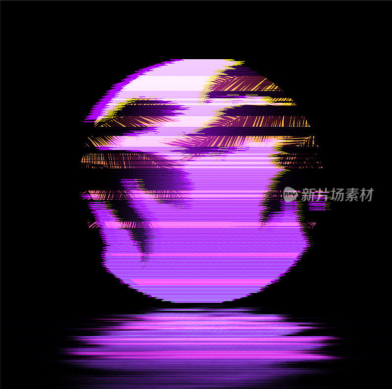 紫色故障艺术日落与棕榈树，太阳或月亮在水上。Synthwave复古艺术