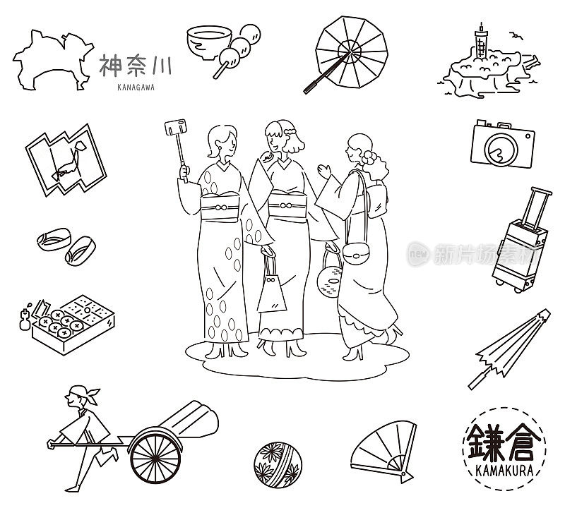 镰仓、神奈川、日本著名观光景点和女性朋友身穿和服的图标(线条画(WB))