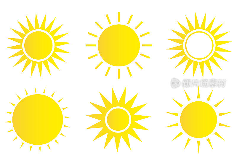 太阳图标设置。天气太阳图标。黄色的太阳星。夏季元素的设计。