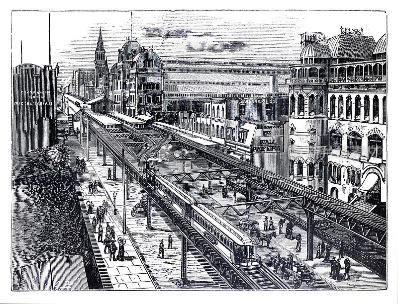 1880年，纽约市哈德逊站中央车站的高架铁路