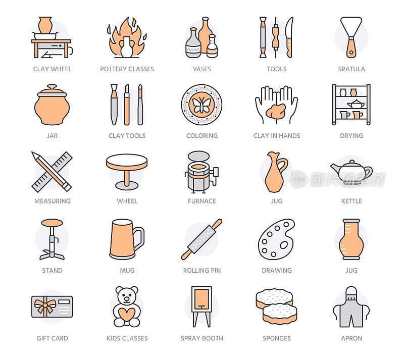 陶艺工坊，陶艺类矢量线图标。粘土工作室工具标志。手工建筑、雕刻设备-陶轮、电窑。橙颜色。可编辑的中风