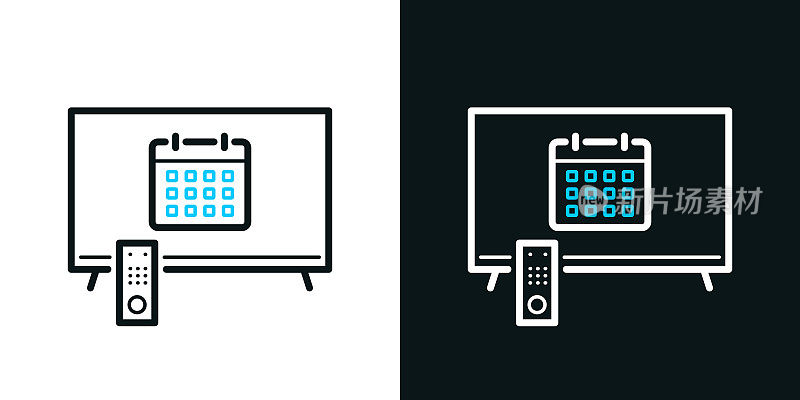 带日历的电视。黑色或白色背景上的双色线条图标-可编辑笔触