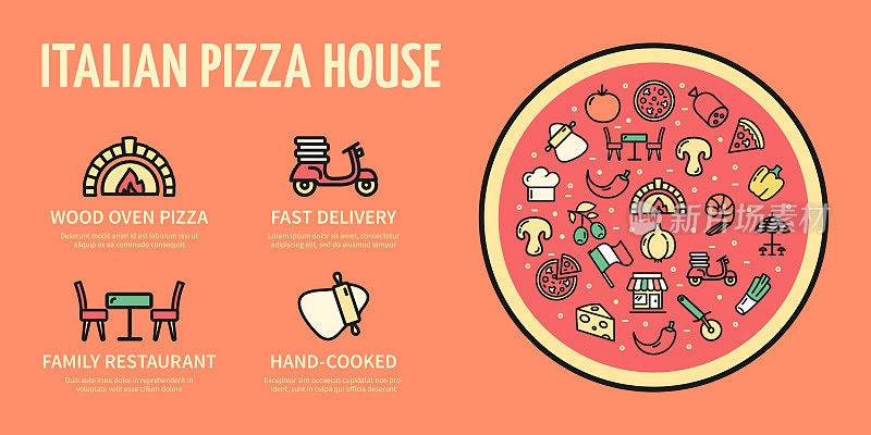 意大利披萨屋横向标语牌海报邀请横幅卡。向量