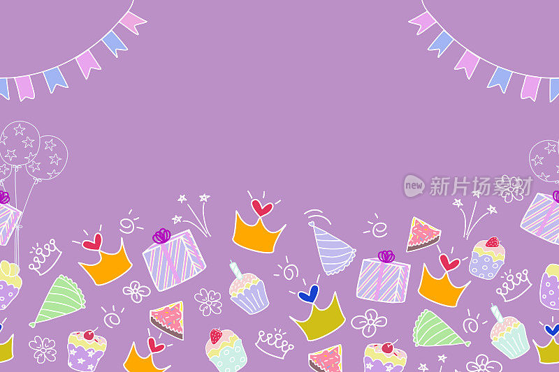 生日快乐蛋糕派对邀请背景横幅涂鸦矢量插图无缝。庆祝用蛋糕、气球、帽子、零食、花环装饰。副本的空间。徒手画。儿童派对