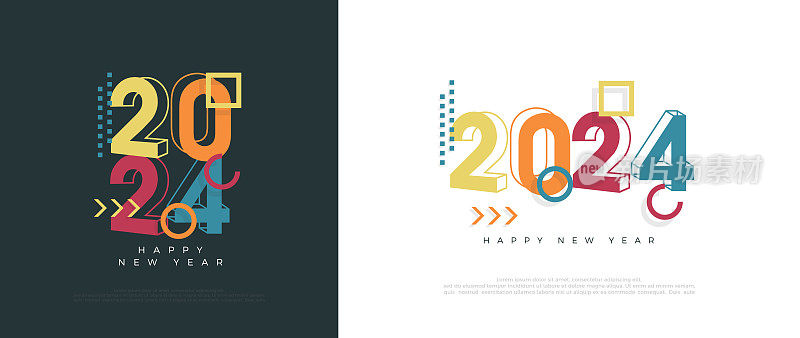 复古经典曲目2024，庆祝2024年新年快乐。为2024年新年快乐的横幅，海报，日历和问候的高级矢量插图。