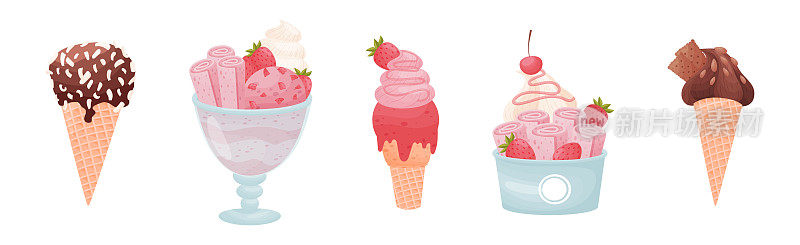 美味的冰淇淋在华夫蛋筒和杯甜的冷冻食品矢量集