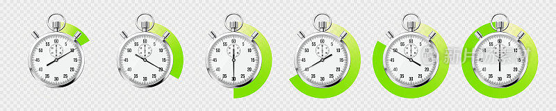 现实的经典秒表。闪亮的金属计时器，带表盘的时间计数器。绿色倒计时计时器显示分和秒。运动，开始和结束的时间测量。矢量图