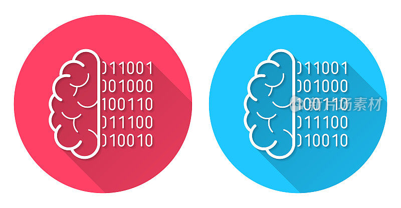 大脑用二进制编码。圆形图标与长阴影在红色或蓝色的背景