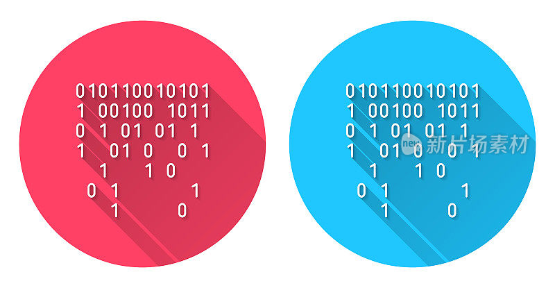 下降二进制码。圆形图标与长阴影在红色或蓝色的背景