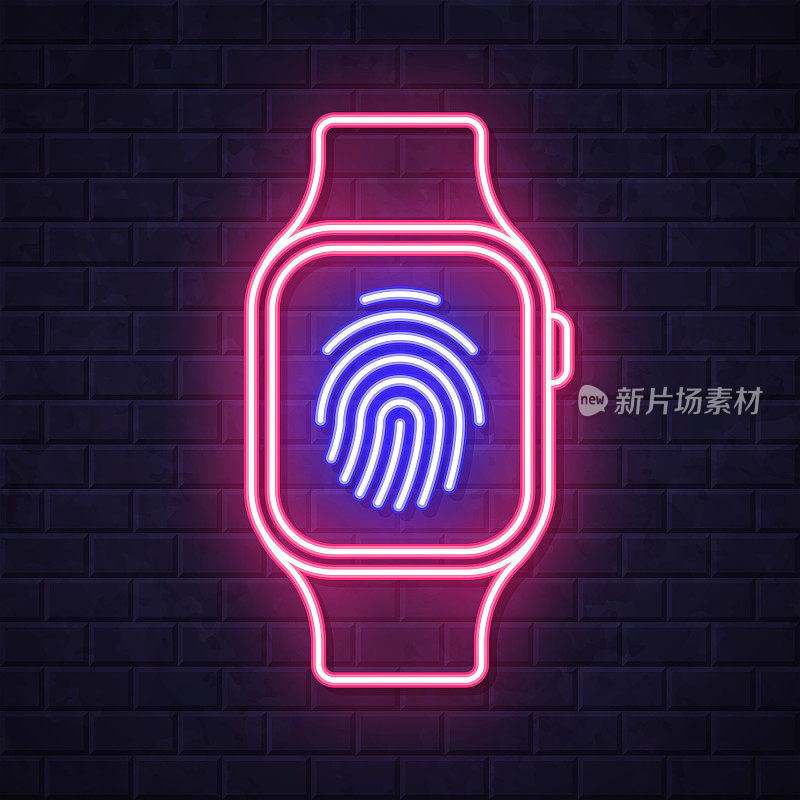 指纹智能手表。在砖墙背景上发光的霓虹灯图标