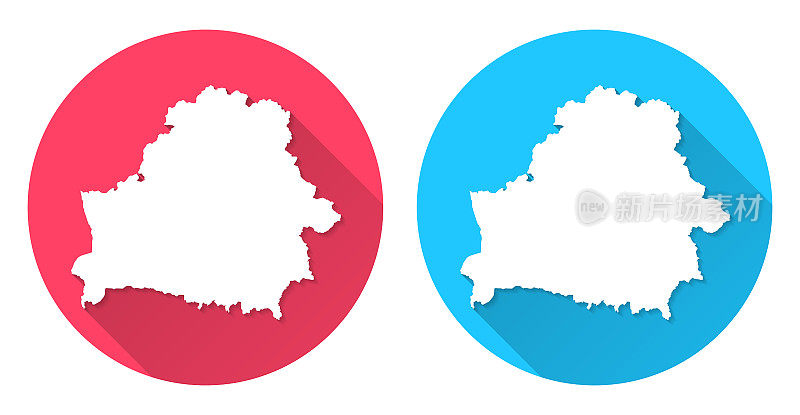 白俄罗斯的地图。圆形图标与长阴影在红色或蓝色的背景