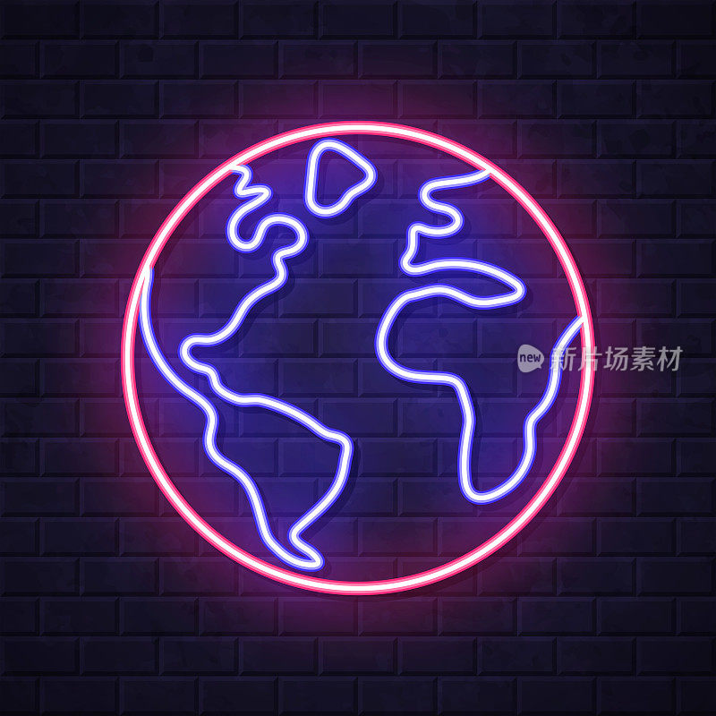 世界――行星地球。在砖墙背景上发光的霓虹灯图标