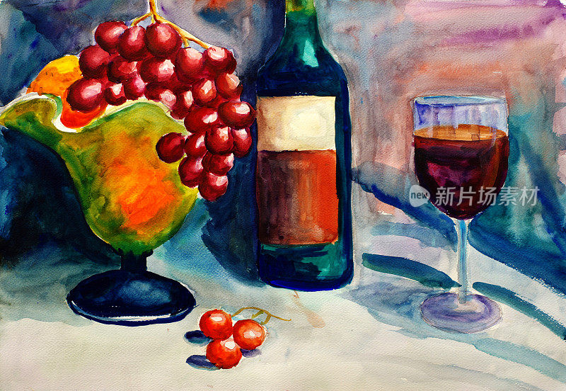 水彩画-水果和酒