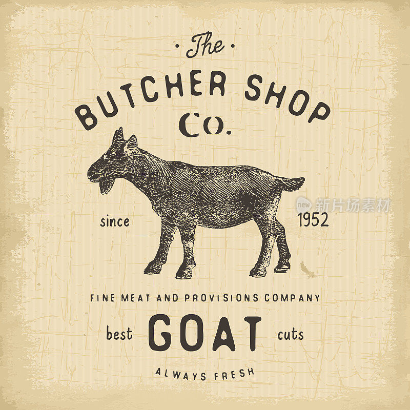 屠夫商店复古标志山羊肉制品，屠宰标签，向量