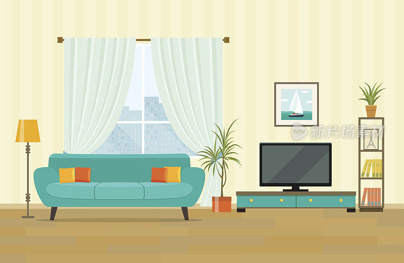 客厅室内设计用家具。平面风格矢量插图