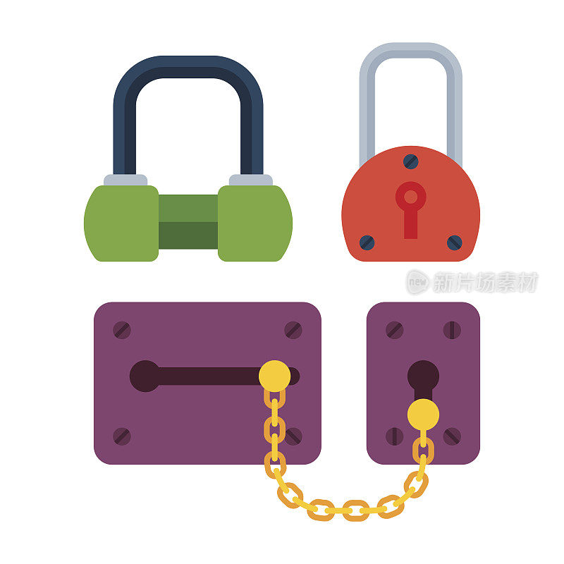 不同的房子门锁图标设置矢量安全密码隐私元素与钥匙和挂锁，保护安全锁眼矢量插图