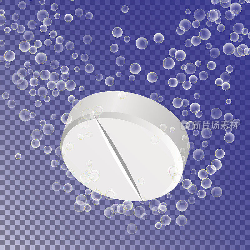 冒泡的药。碳酸平板溶解。白色圆形药丸落在水中带有气泡。透明背景。3D逼真的插图