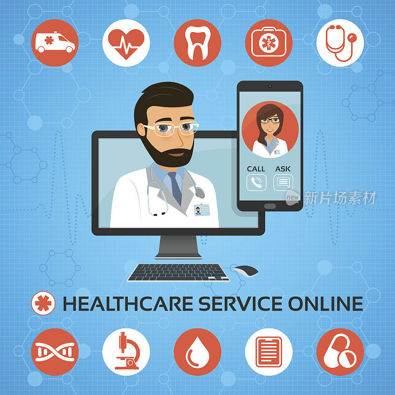 医疗服务网络。与男医生在电脑屏幕上进行医疗咨询的概念。