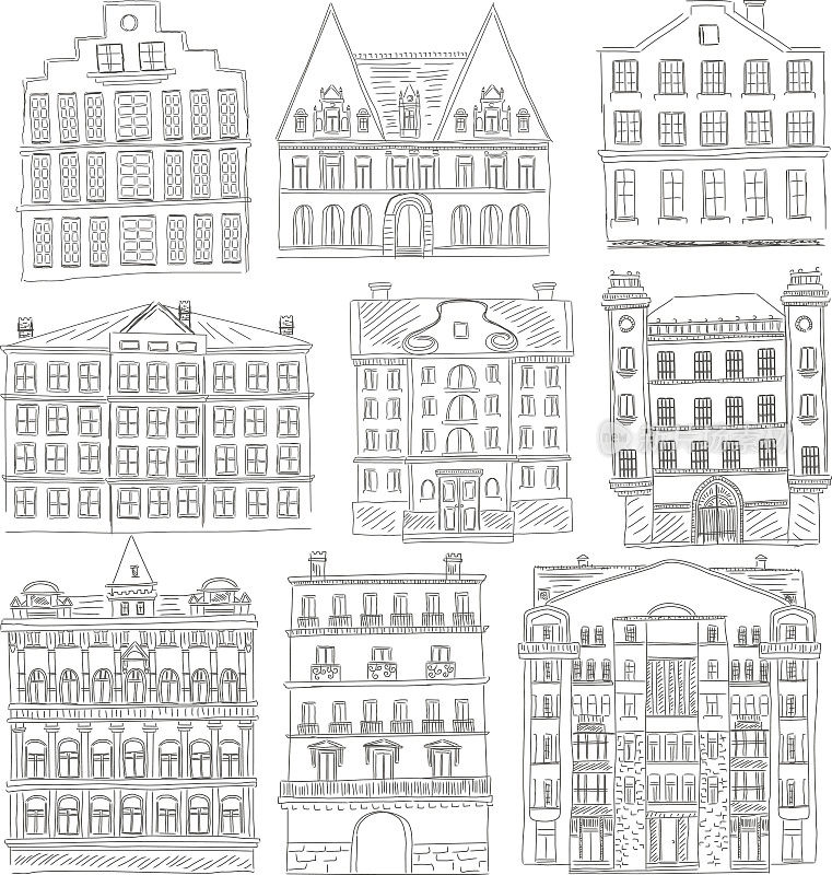 历史悠久的老建筑线条风格。轮廓旧城建筑孤立设置。建筑手绘草图。