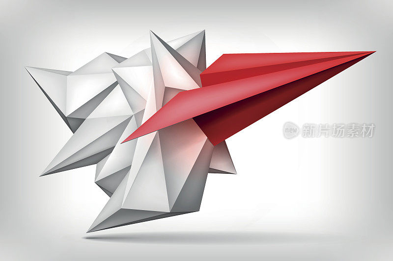 体积几何形状，红色纸飞机内，3d折纸水晶，创意低多边形对象，矢量设计形式