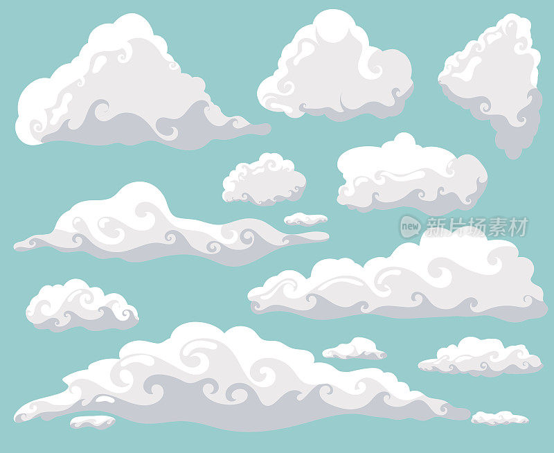 卡通云设置在蓝天背景。收集有趣的烟雾和烟雾图标，用于填充你的天空场景或ui游戏背景。矢量艺术插图