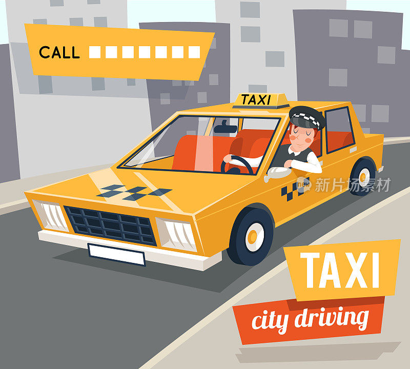 出租车司机卡通复古汽车城市驾驶街道背景矢量插图