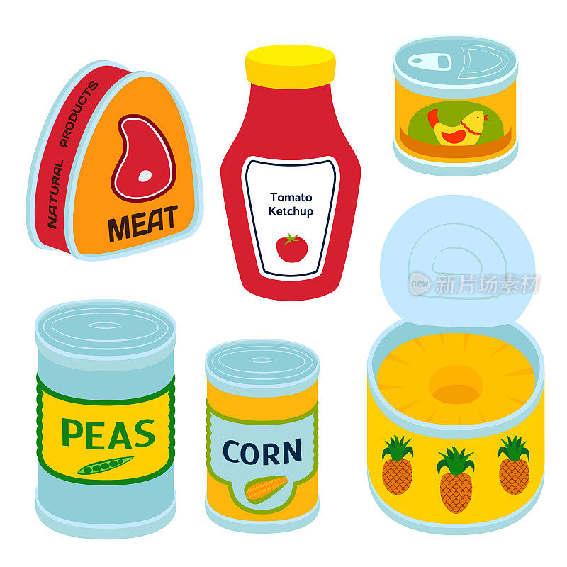 收集各种罐头食品、罐头食品、金属容器产品矢量插图