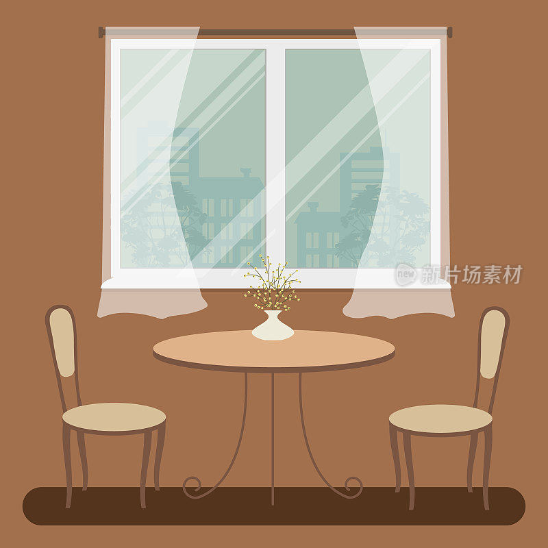 窗户背景上有一张桌子和两把椅子