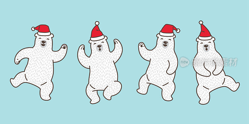 熊极地舞蹈圣诞帽圣诞插图矢量涂鸦卡通