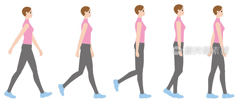 行走姿势的女性矢量插图。打印