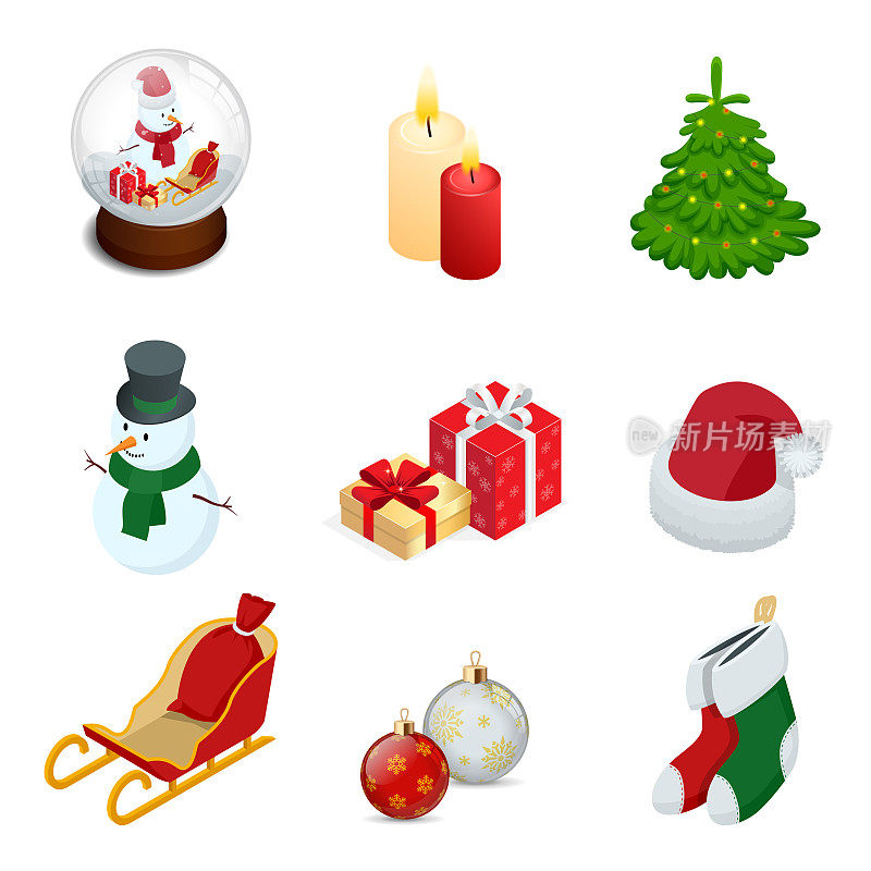 等距的一套圣诞新年假日装饰图标设置孤立矢量插图新年球，蜡烛，雪人，礼物，圣诞树，圣诞老人帽子，雪橇，新年玩具