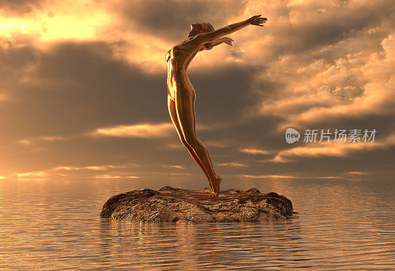 雕像黄金女孩做瑜伽在海上3d插图