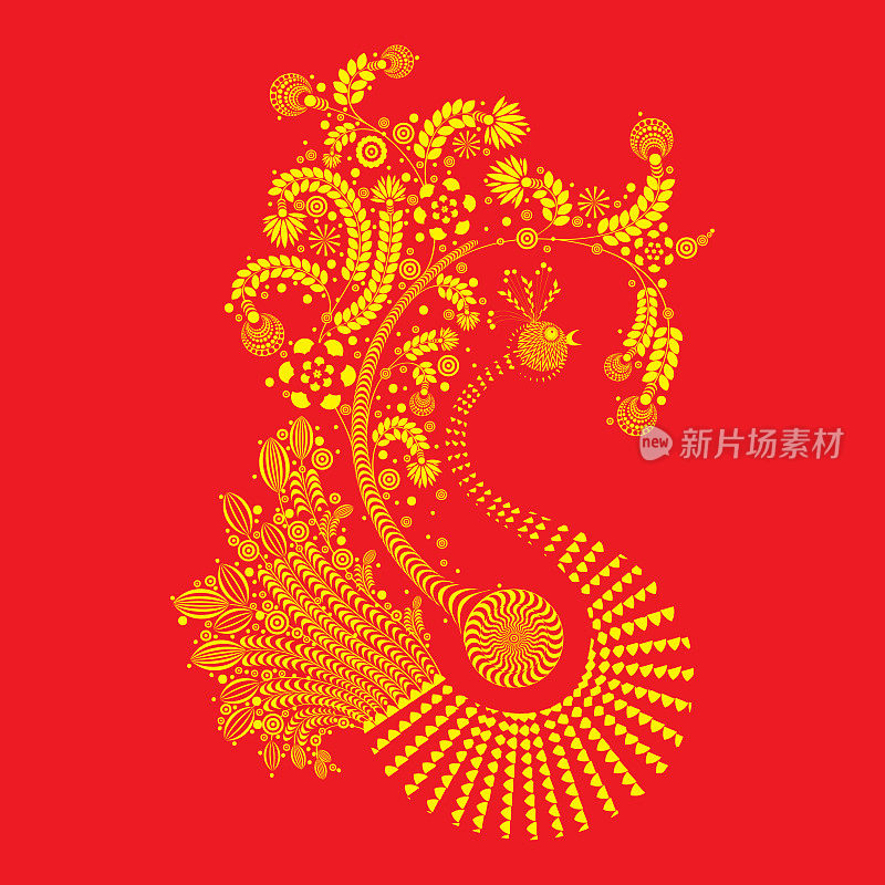 极具装饰性的公鸡由红色的花元素制成。中国传统2017年新年装饰生肖。象征中国新年生肖的设计。火红的鸟公鸡用花朵做成图案。