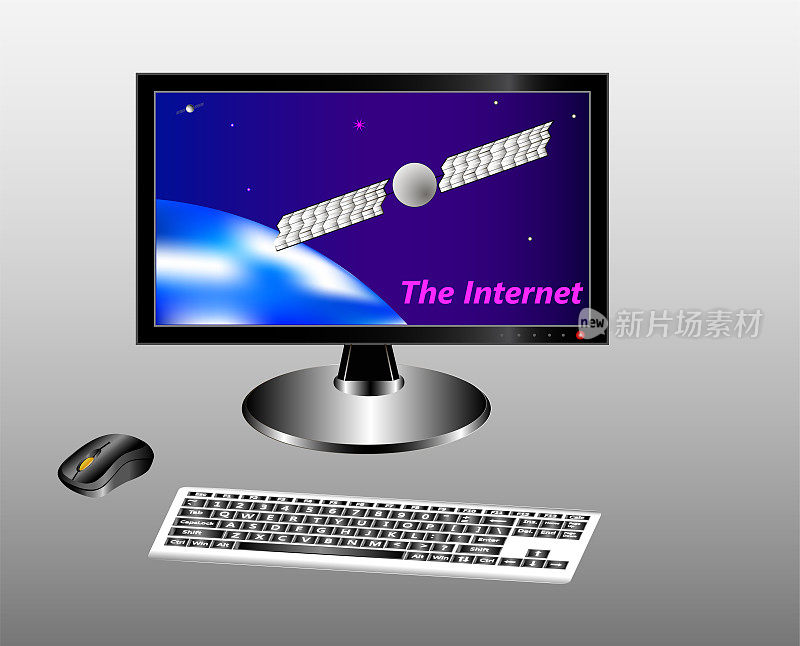键盘、鼠标和显示器与星空、地球和通信卫星。