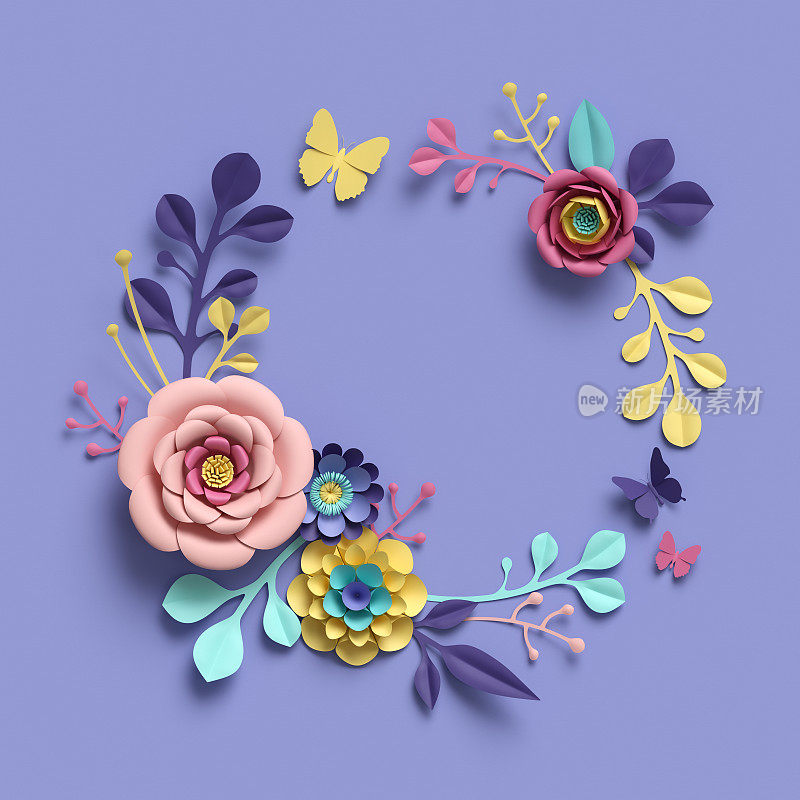 3d渲染，抽象的纸工艺花圈，植物背景，纸花，圆形框架，空白贺卡，糖果柔和的颜色，明亮的色调调色板