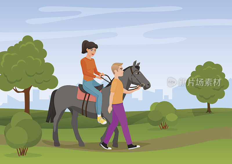 男人牵着马，女人骑在上面矢量插图。