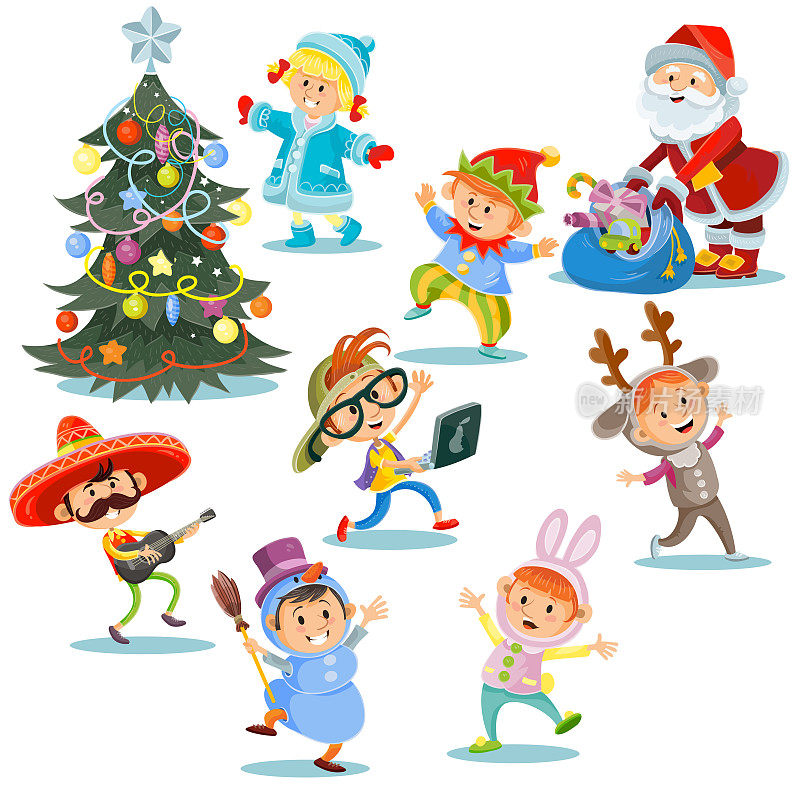 矢量圣诞嘉年华派对，卡通儿童的服装，圣诞老人与礼物的孩子在化装服装