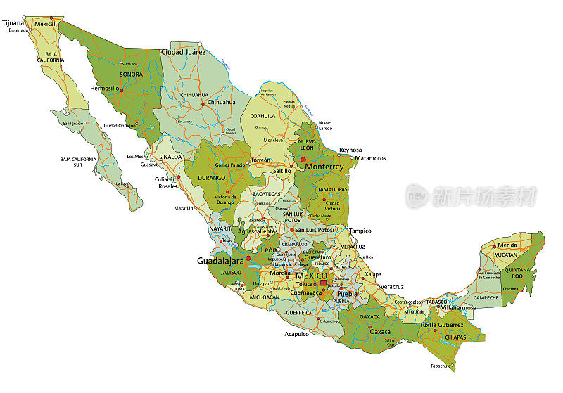 高度详细的编辑政治墨西哥地图。
