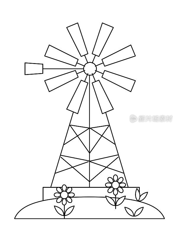 可爱的儿童农场涂色书页-风车