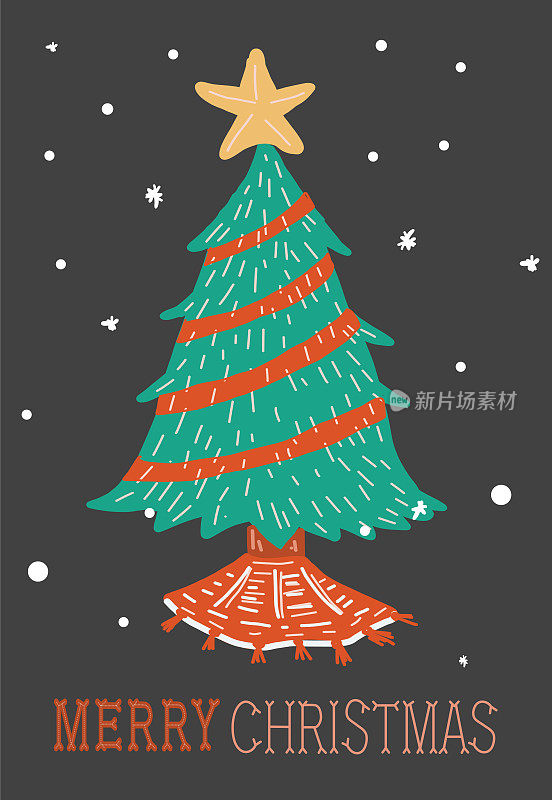 彩色手绘圣诞贺卡圣诞树与星星和装饰